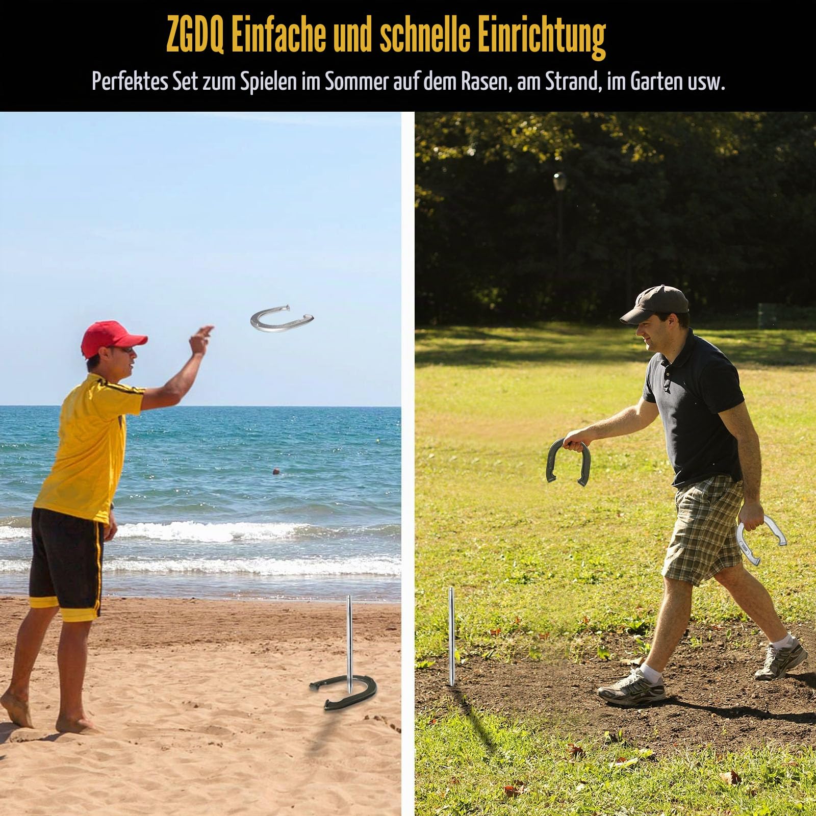 Sport Hufeisen Set, Hufeisen Outdoor Game, 4 Heavy Duty Hufeisen, 2 Stahlpfähle, Tragetasche, Legierter Stahl, Silber/Schwarz, Hufeisen Spiele Set für Partys, Strand, Hinterhof