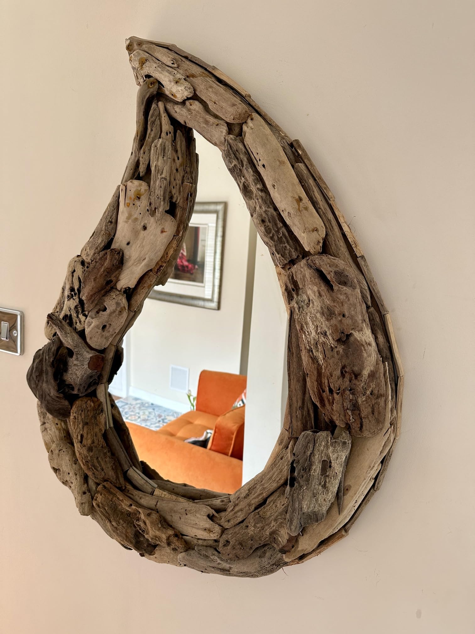 MAISONICA Huge 85cm Teardrop Driftwood Wall Mirror - Wooden Wall Hanging Art