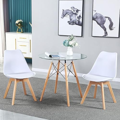 Miniatura 2 de Mesa de comedor redonda de cristal pequeña, mesa de cocina moderna circular de 32 pulgadas con patas de madera para cenar, espacios pequeños