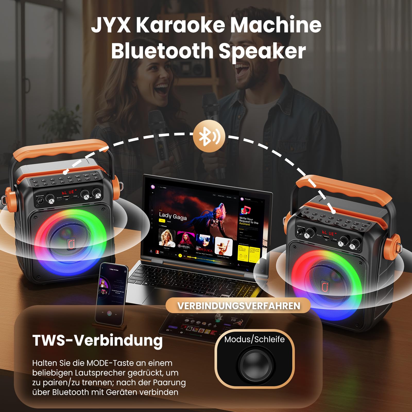 JYX Karaoke-Maschine mit 2 Mikrofonen, 80W Bluetooth 5.3 PA-Lautsprecher | 80W Leistung, TWS, USB, TF, AUX und Live, LED-Lichteffekte für Karaoke, Partys, Zuhause, Garten und Camping