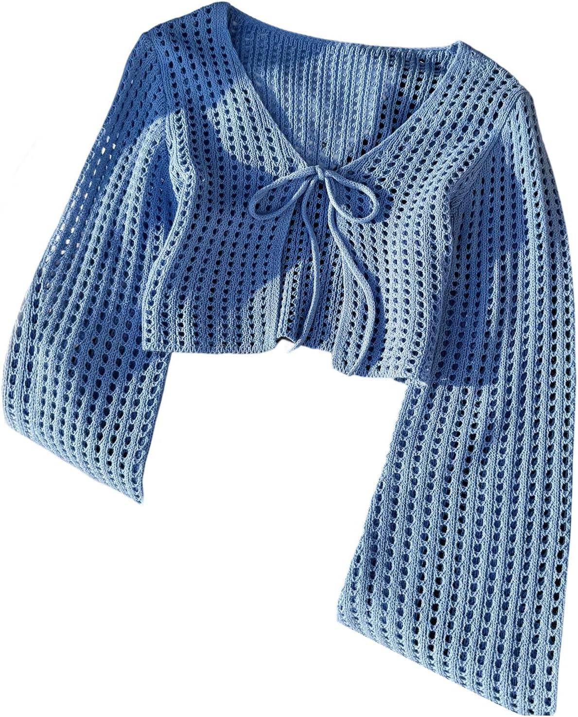 SHENHE Women's Tie Front Cropped Cardigan Crochet Bolero Shrug Hollow Out Bell Sleeve Crop Top