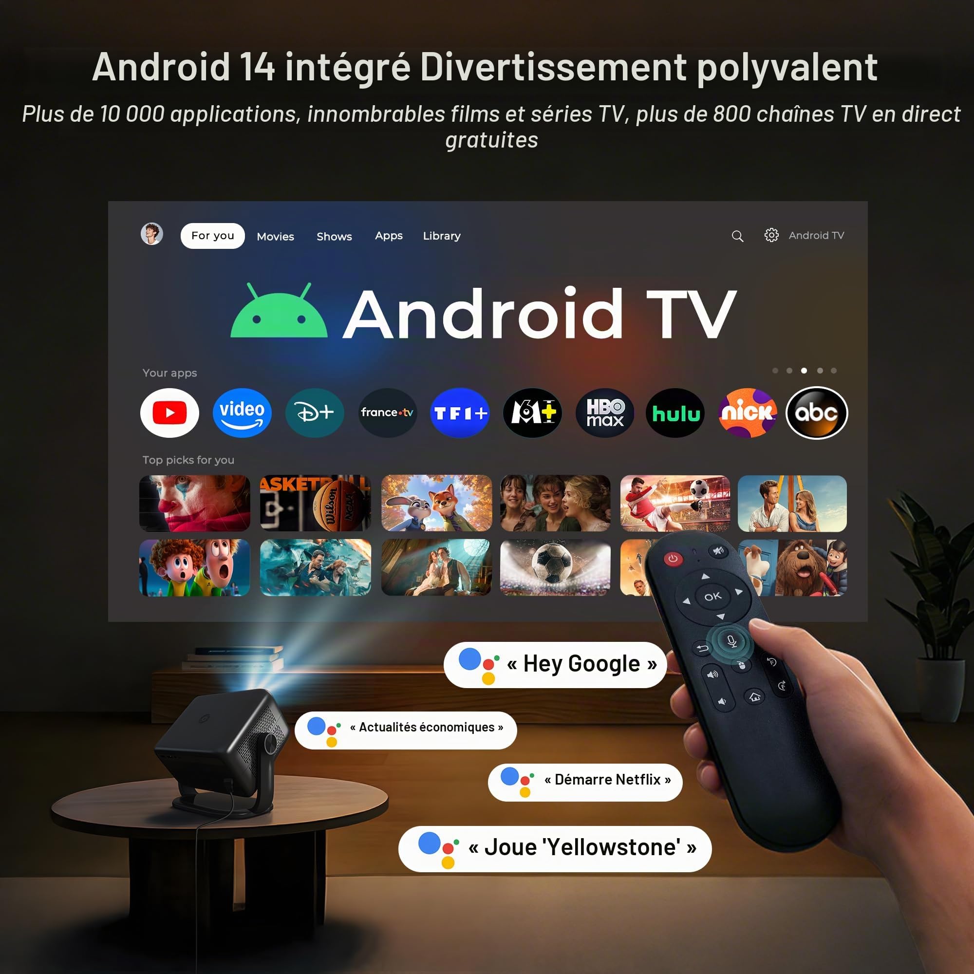 Smart Vidéoprojecteur Compatible 4K, Assistant Vocal IA&Contrôle App, HDR10