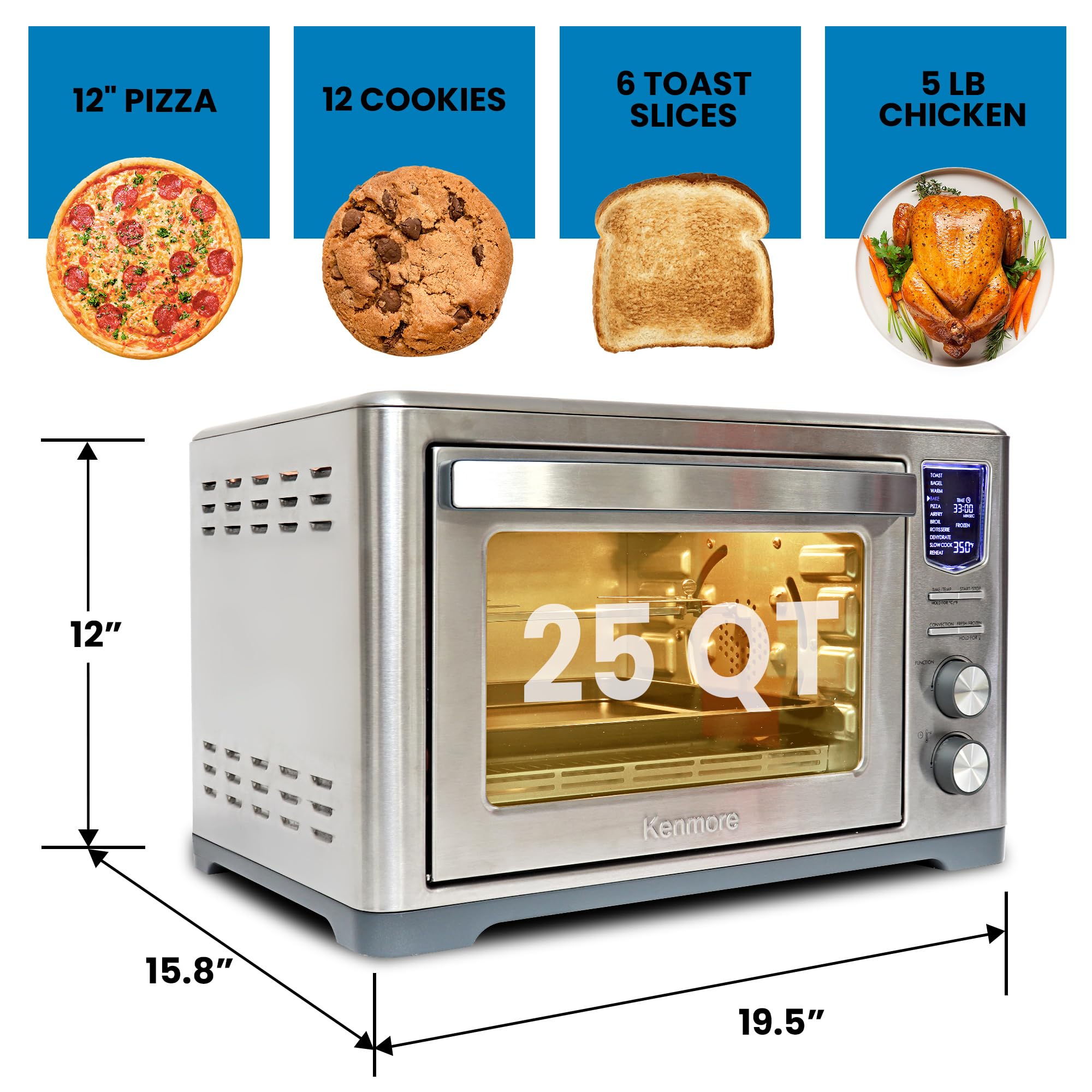 Kenmore - Freidora de aire para horno tostador, freír pollo, asador, hornear pan, galletas, pizza, deshidratador de pizza, electrodomésticos de cocina de convección de 26 cuartos de galón de acero 4