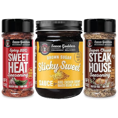 Sauce Goddess Paquete combinado sin gluten y vegano  Contiene salsa dulce pegajosa, condimento de calor dulce y condimento de carne casera