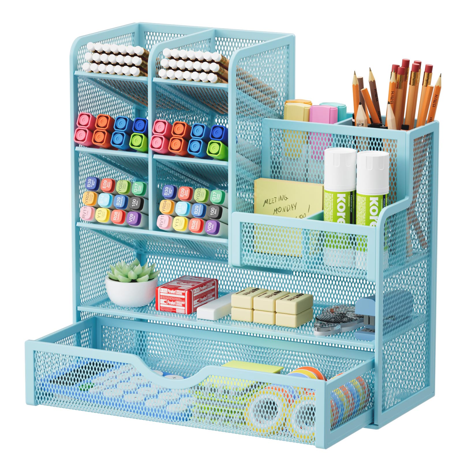 Marbrasse Mesh Pen Holder for Desk, Multi-Functional Pencil Organizer with Drawer, Desk Organizers and Accessories for Office Art Supplies (Blue)