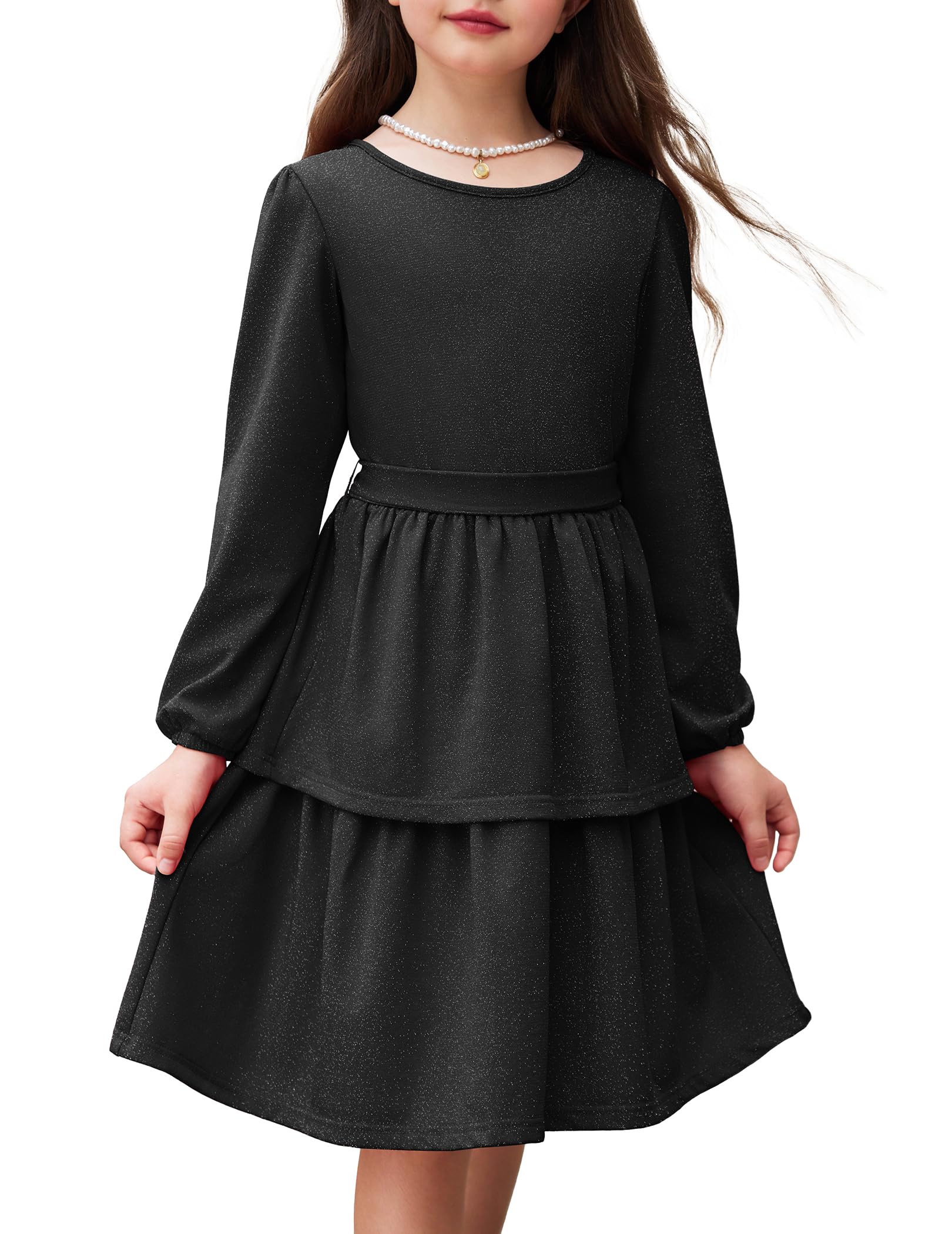 Arshiner Niñas Vestidos Brillantes Niños Fiesta Vestido de Manga Larga Elegante Cuello Redondo A-Line Invierno Otoño Casual Vestido para Niñas 3-13 Años