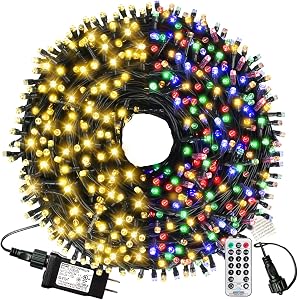 XTF2015 Christmas Outdoor Indoor Lights, 105ft 300 LED End-to-End Connected 9 Modes Timer Remote Christmas String Lights for Trees, Patio, Garden, Party, Wedding, Holiday (Warm White + Multicolor)