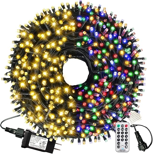 XTF2015 Lumières intérieures extérieures de Noël, 105ft 300 LED Connecté de bout en bout 9 Modes Timer Remote Christmas String Lights pour arbres, patio, jardin, fête, mariage, vacances (blanc chaud) + Multicolore)