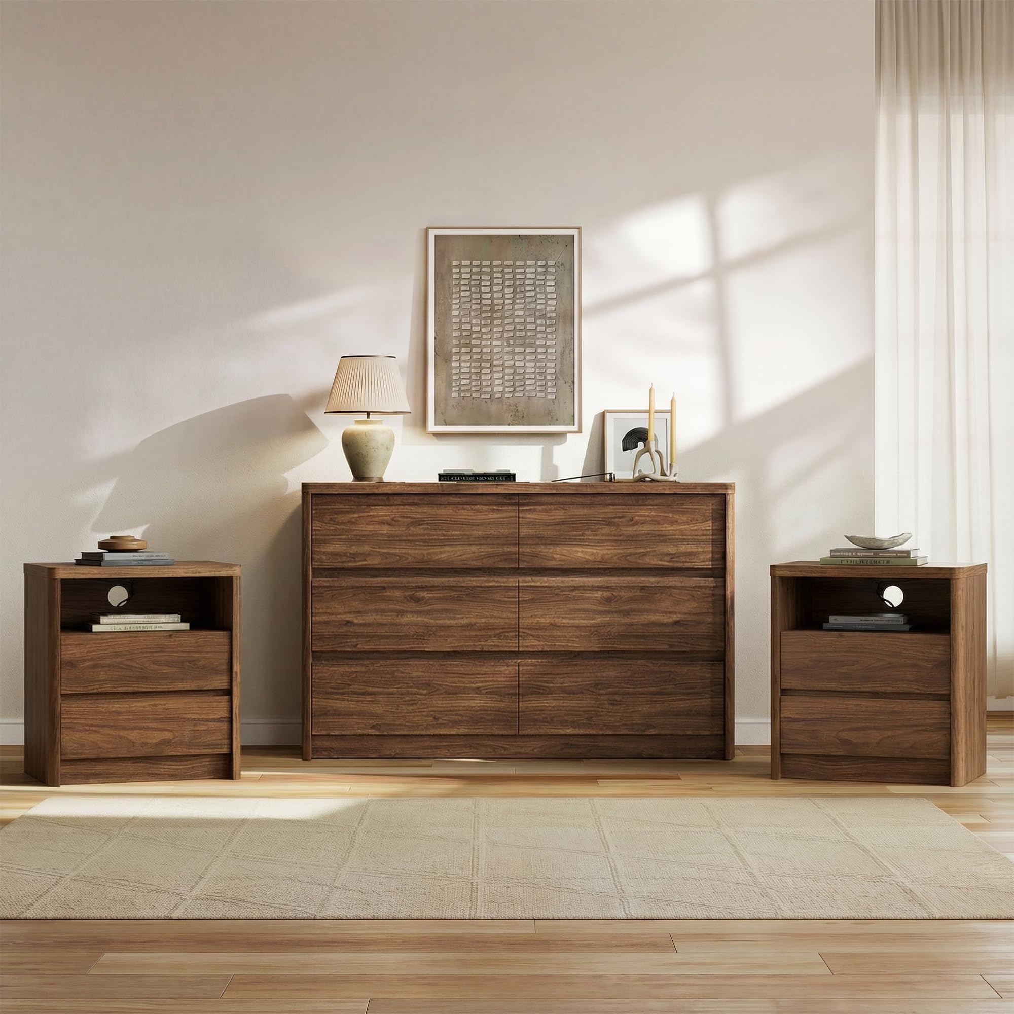 3 Pieces of Dresser and Nightstand Set, 47.2 Inch Width 6-Drawer Dresser & 2-Drawer Nightstands with USB & Type C Charging
