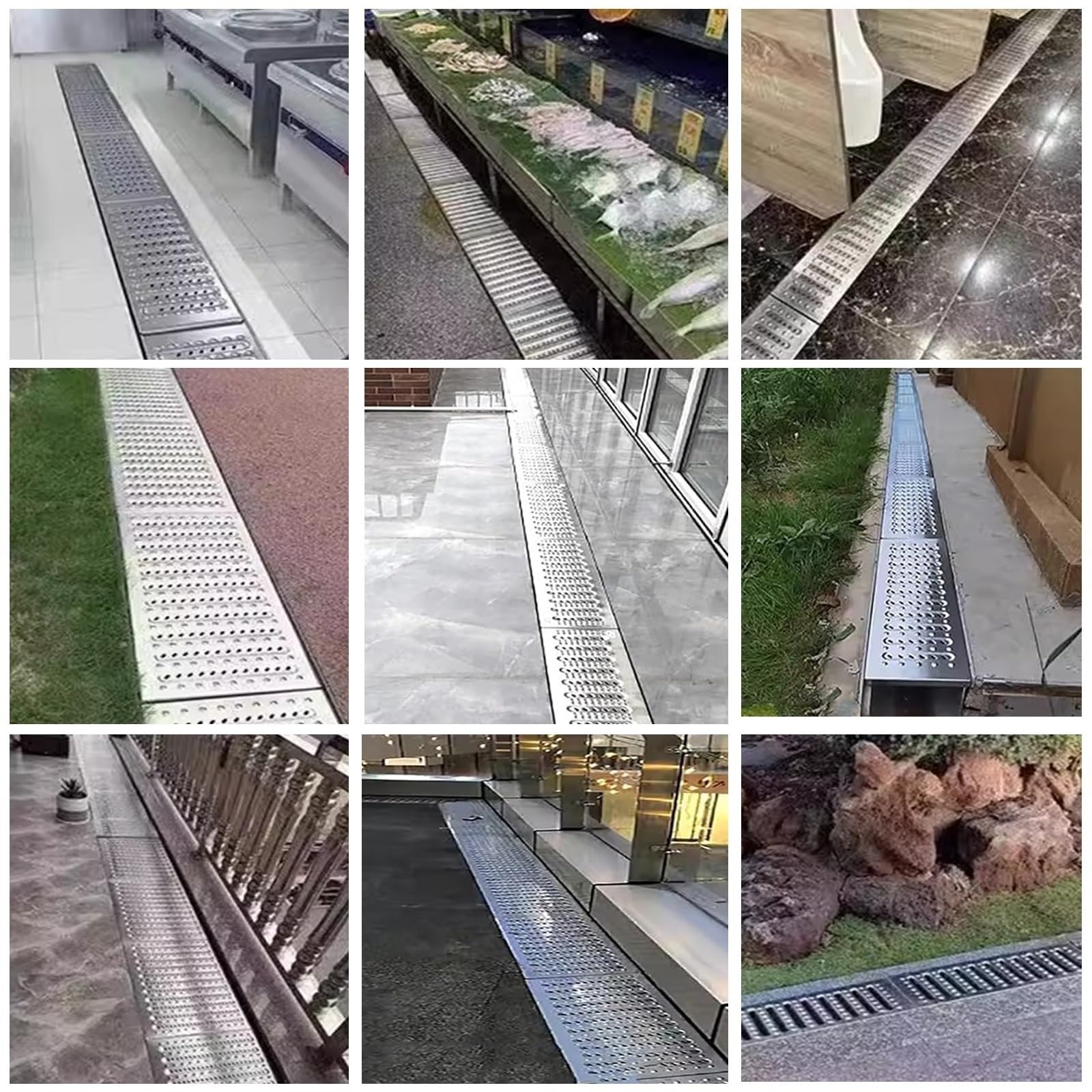 Ampia griglia di drenaggio per vialetto, robusta griglia di drenaggio in acciaio inox con superficie antiscivolo e foro, per garage, patio, giardino, officina, bordo piscina, pavimento in cemento.