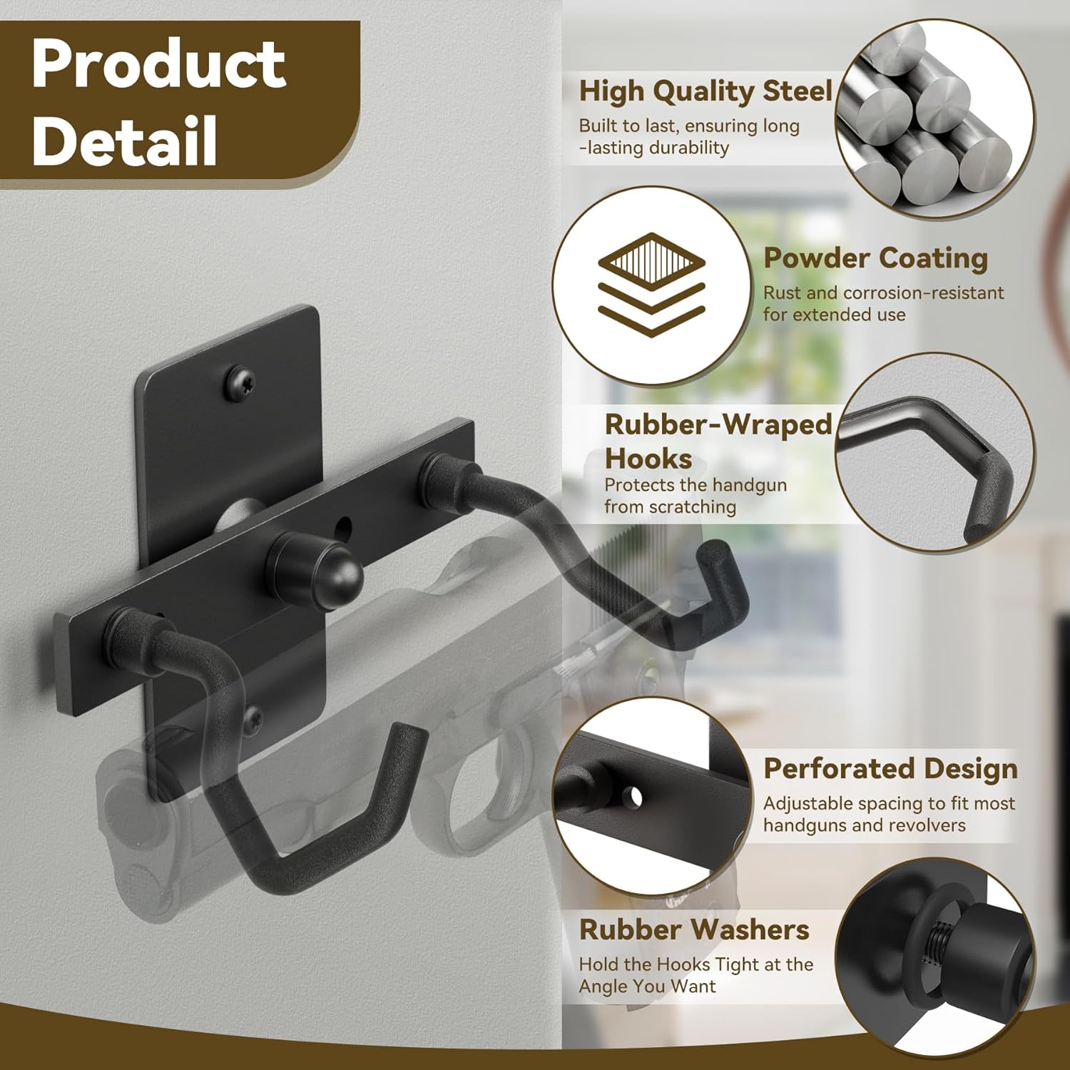 Pistol Wall Mount Rack - Adjustable Handgun Display Holder Fits Most Pistol and Revolver, Rubber-Wraped Wall Mount Pistol Holder, Pistol Display Rack, Gun Display Wall Mount, Revolver Stand