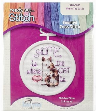 Janlynn 998-5037 18 Count Round Mini Counted Cross Stitch Kit، 2 - 1 / 2 -Inch، Home is Where The Cat