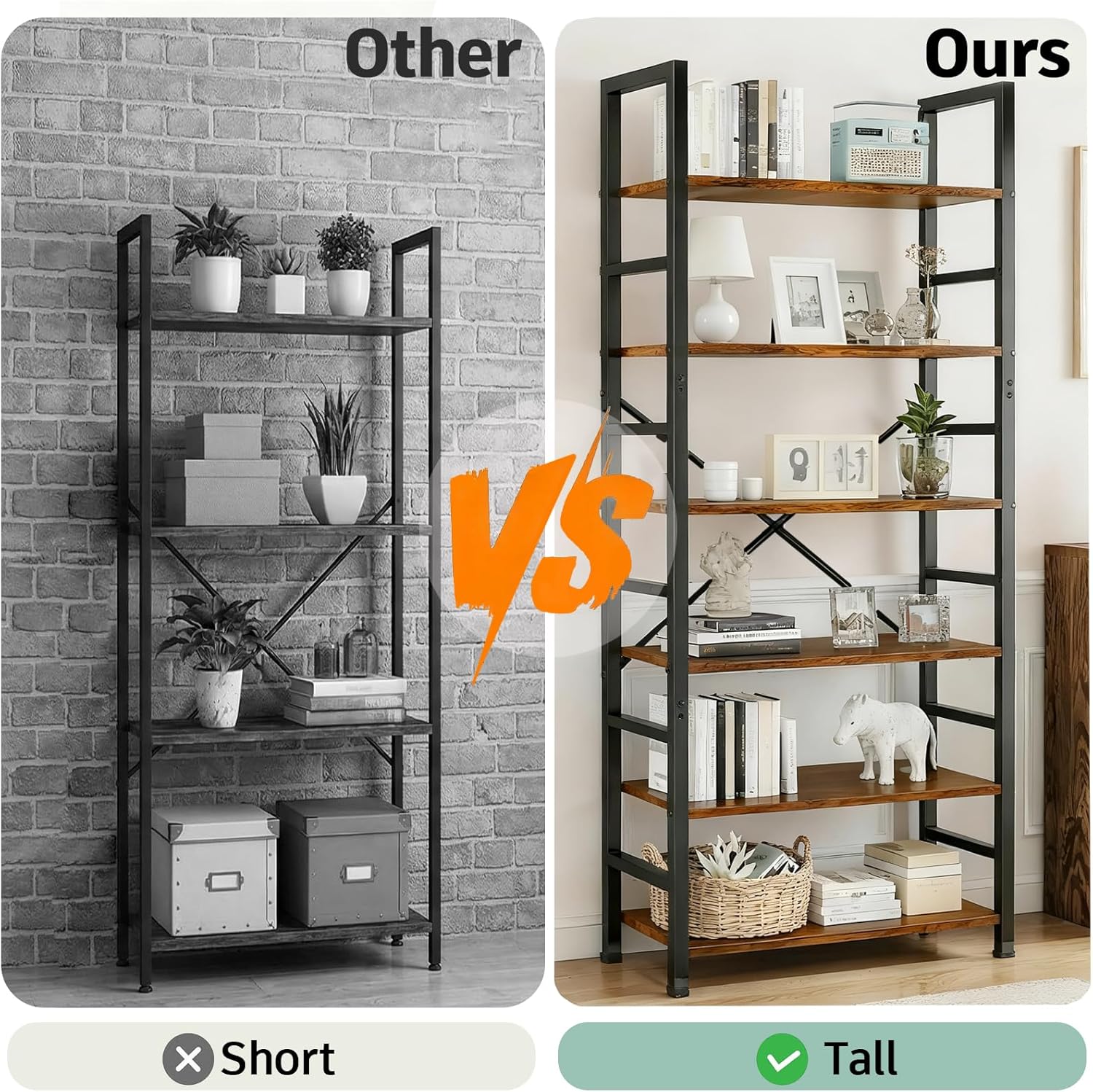 6 Tier Bookshelf, 72'' Tall Bookcase, Book Storage Shelves, Wood Book Shelf Organizer for Bedroom, Living Room and Home Office, Vintage