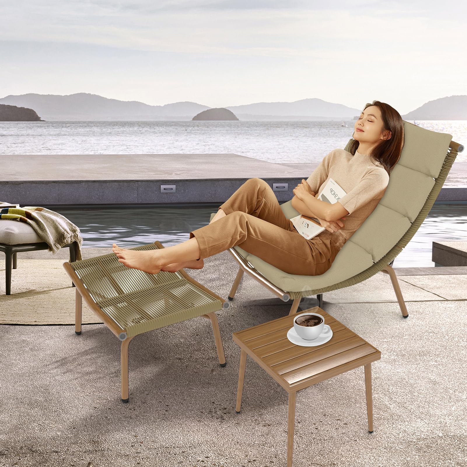 JESE Chaise Lounge Chair with Ottoma and Table for Outdoor Indoor Wood-Color Anti-Rust Metal Alloy Frame Lazy Chiars 380lbs Capacity with Cushion and Footrest Recliner Reading Chairs for Garden