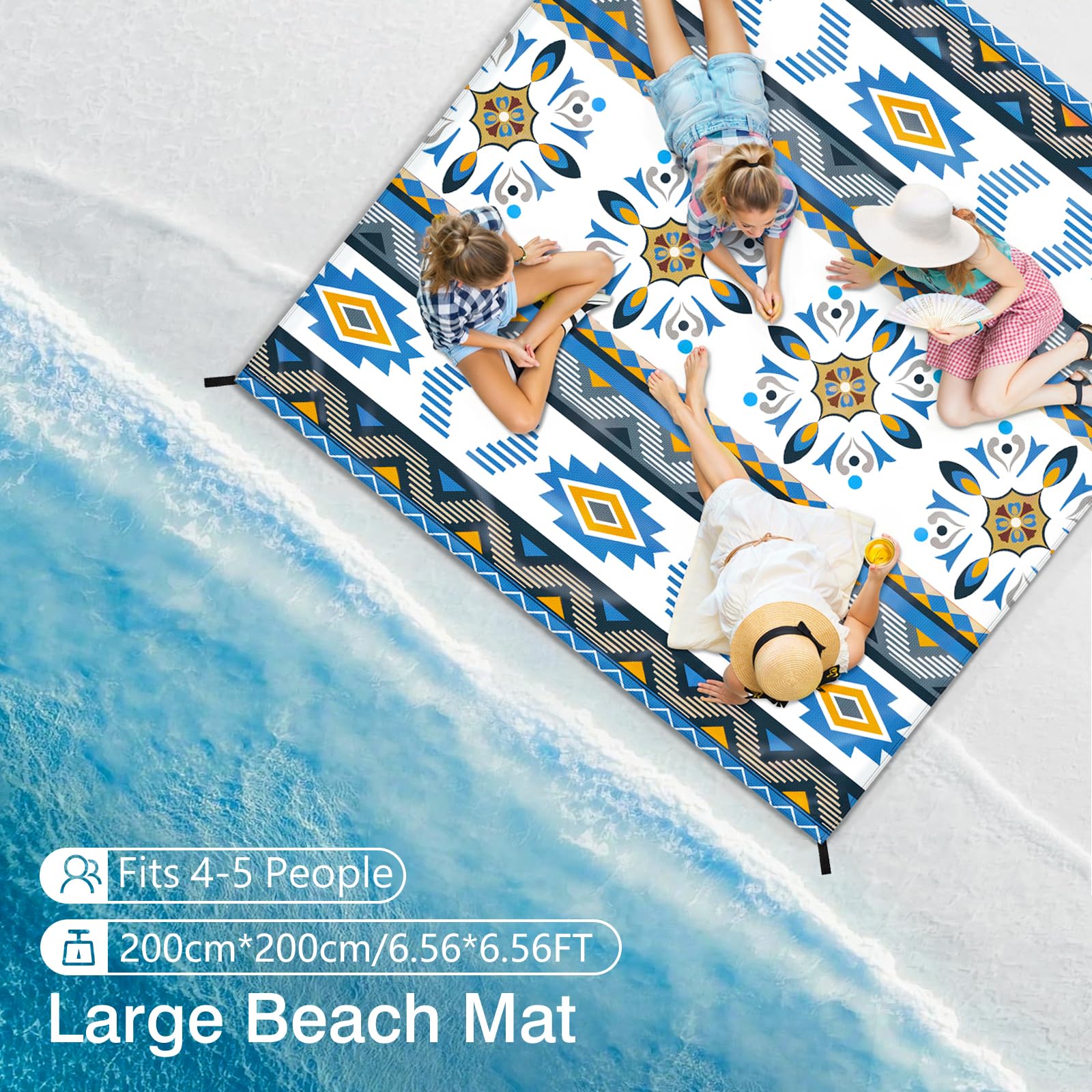 Rhino Valley Mata Plażowa 200x200cm Z Torbą I 4 Palikami | Odporna Na Piasek Szybkoschnąca Mata Plażowa Piknikowa Na Plażę, Podróż, Kemping, Wzór Serce Oceanu (6,5x6,5FT)