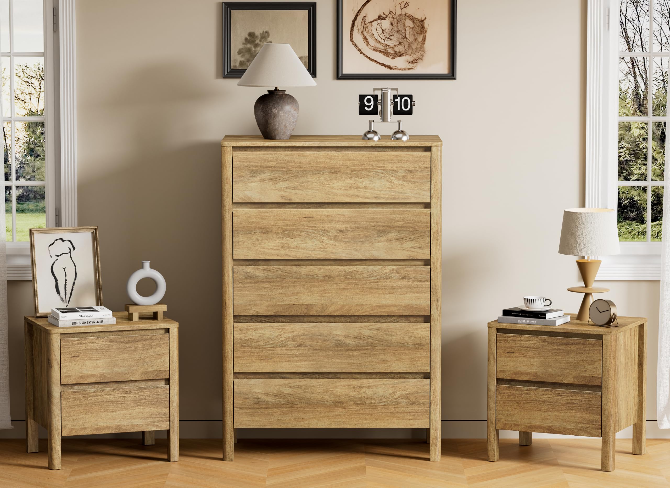 Mid-Century Modern Dresser and Nightstand Sets 3 Piece, Natural Oak