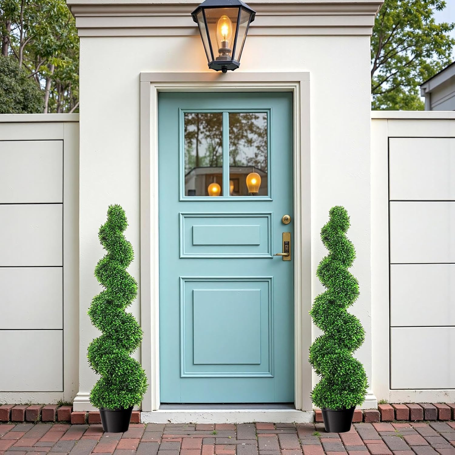 4FT Artificial Spiral Boxwood Topiary Trees with Weighted Flower Pot, All-Year Green Faux Plant Outdoor (2 Pack), UV-Resistant PE Material Fake Plant for Garden, Porch, Entryway Decor
