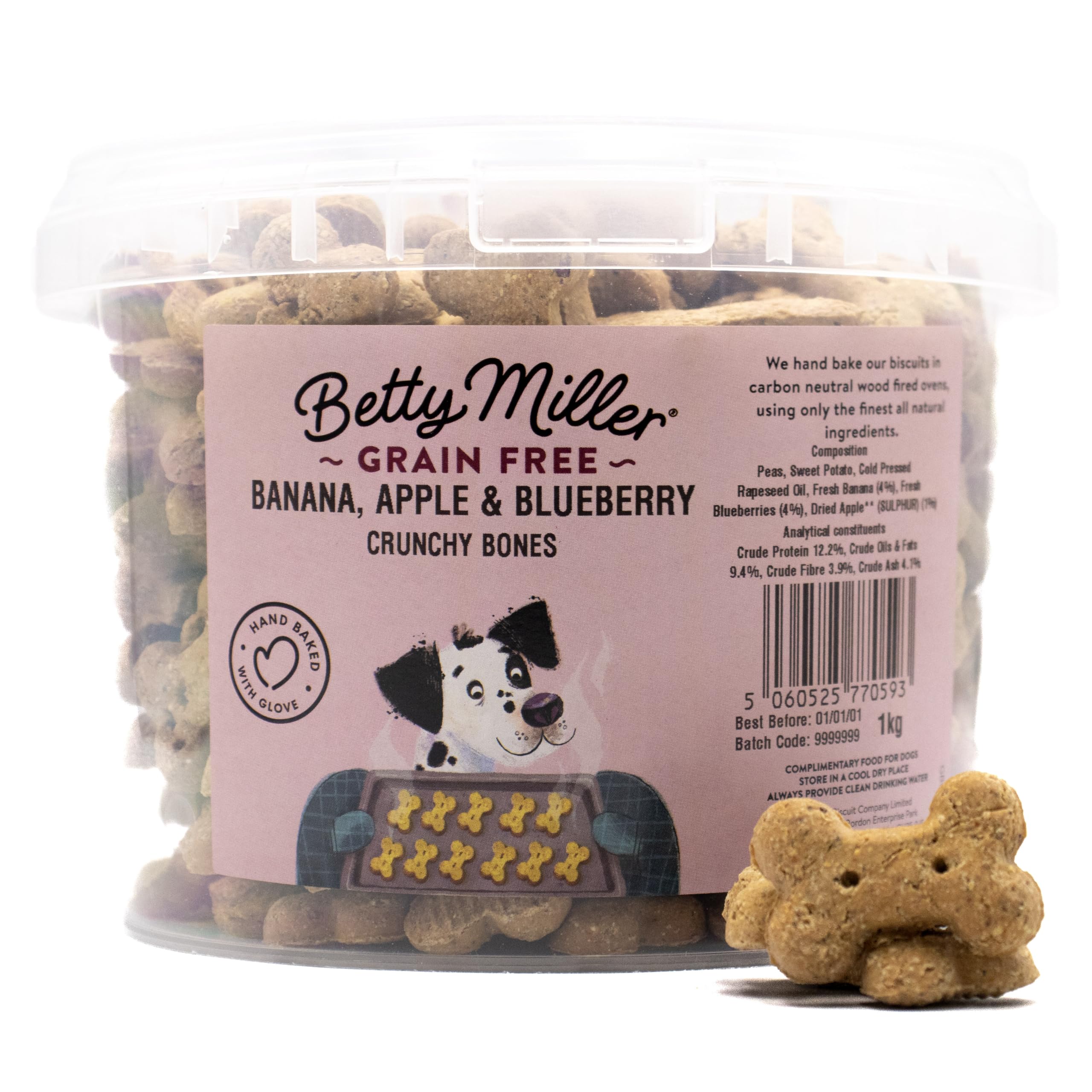 Betty Miller Grain Free Dog Treats - Banana, Apple & Blueberry Bones - 1kg Bulk Dog Treats - British Baked Dog Biscuits