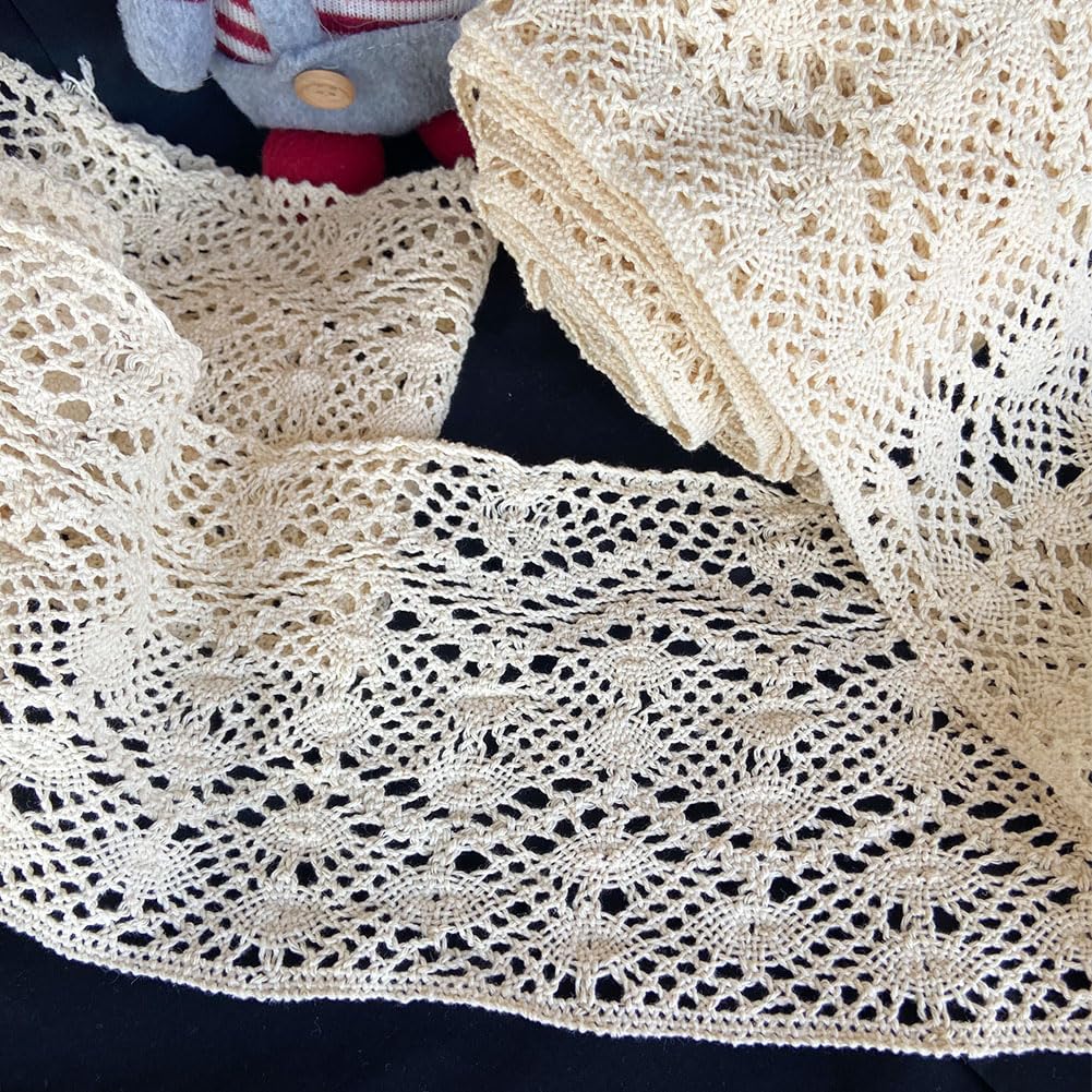 6.5 Yards Hollow Out Lace Trim Fabric 6.1 Inch Width Crochet Lace Ribbon Accessories for Sewing, DIY, Crafts, Clothing Applique, Handmade Table Runner, Placemat, Bridal Wedding Decor, Beige
