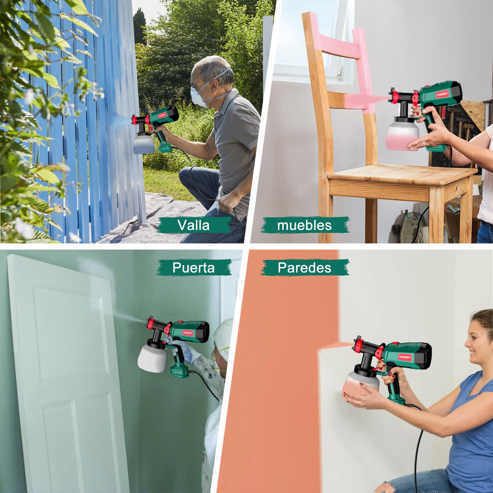 HYCHIKA Pistola Pintura 600W, Pistola de Pintura HVLP con Contenedor de 1200mL, 4 Boquillas, 3 Modos y 2 Herramientas de Limpieza, Ideal para Pulverizar Muebles, Vallas, Paredes, Bricolaje