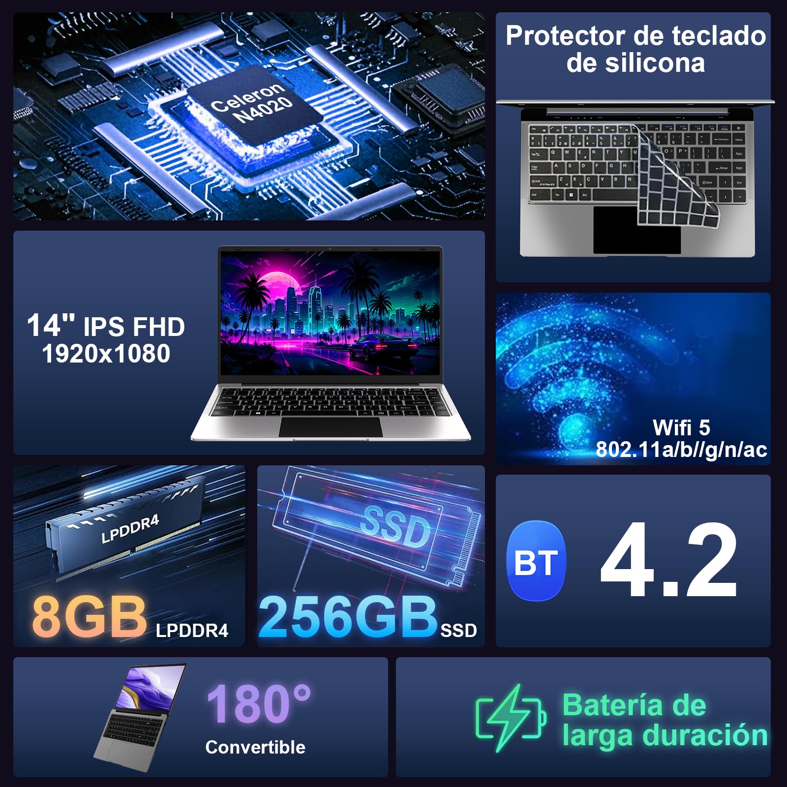 bvate 2026 Ordenador Portátil 14" Win11 8GB 256GB SSD Soporte 1TB SSD Expansión Portátils 2.4G+5G WiFi BT 4.2 USB HDMI 1920x1080 FHD con Ratón Inalámbrico y Teclado Español Membrana - Plata