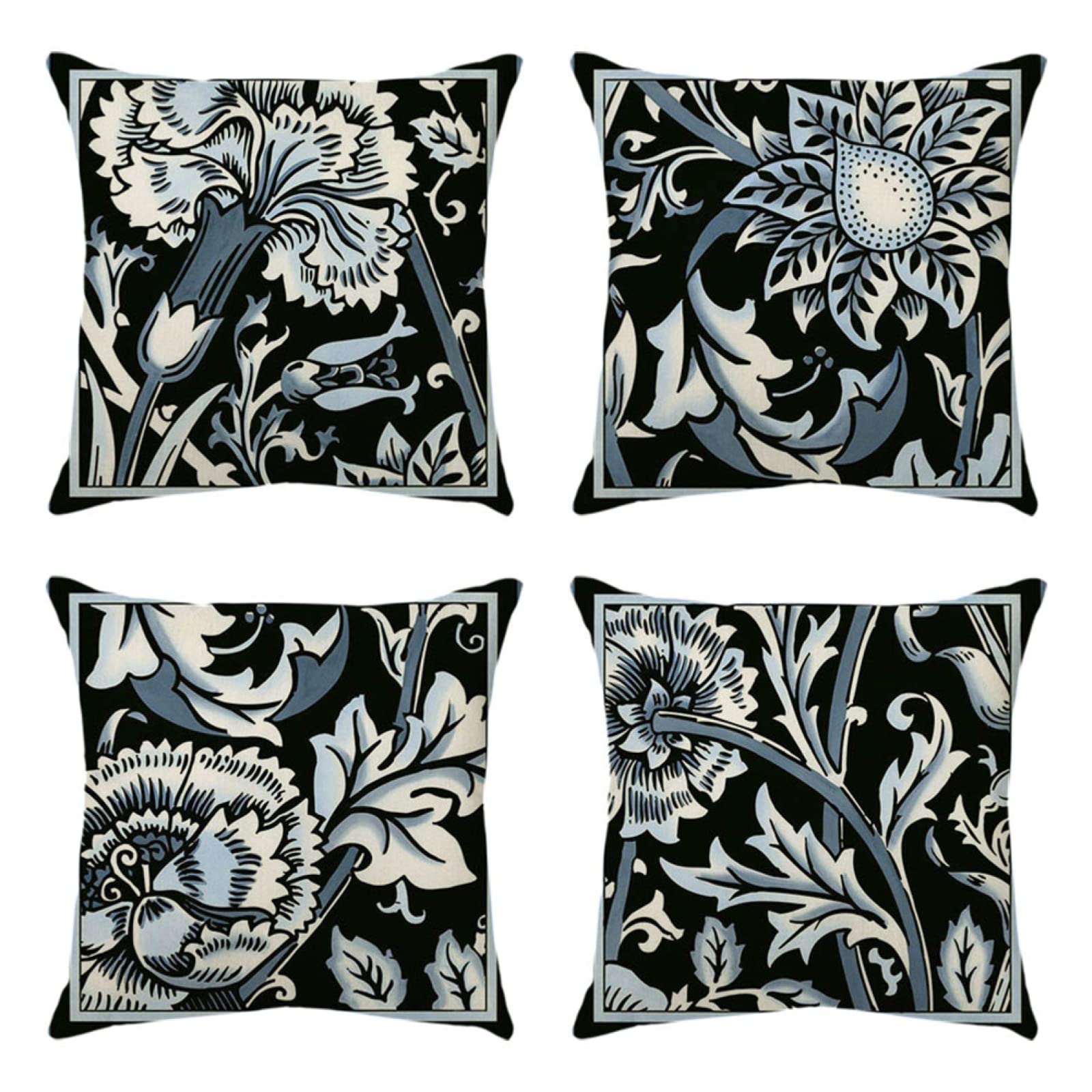 Lot DE 4 Housse De Coussin, Fleurs Abstraites Noires Taie d'oreiller Velvet/Lin Housse Coussin Carré Taies d'oreiller Décoratives pour Canapé Maison Salon Taies d Oreiller 80x80cm/32x32 inch