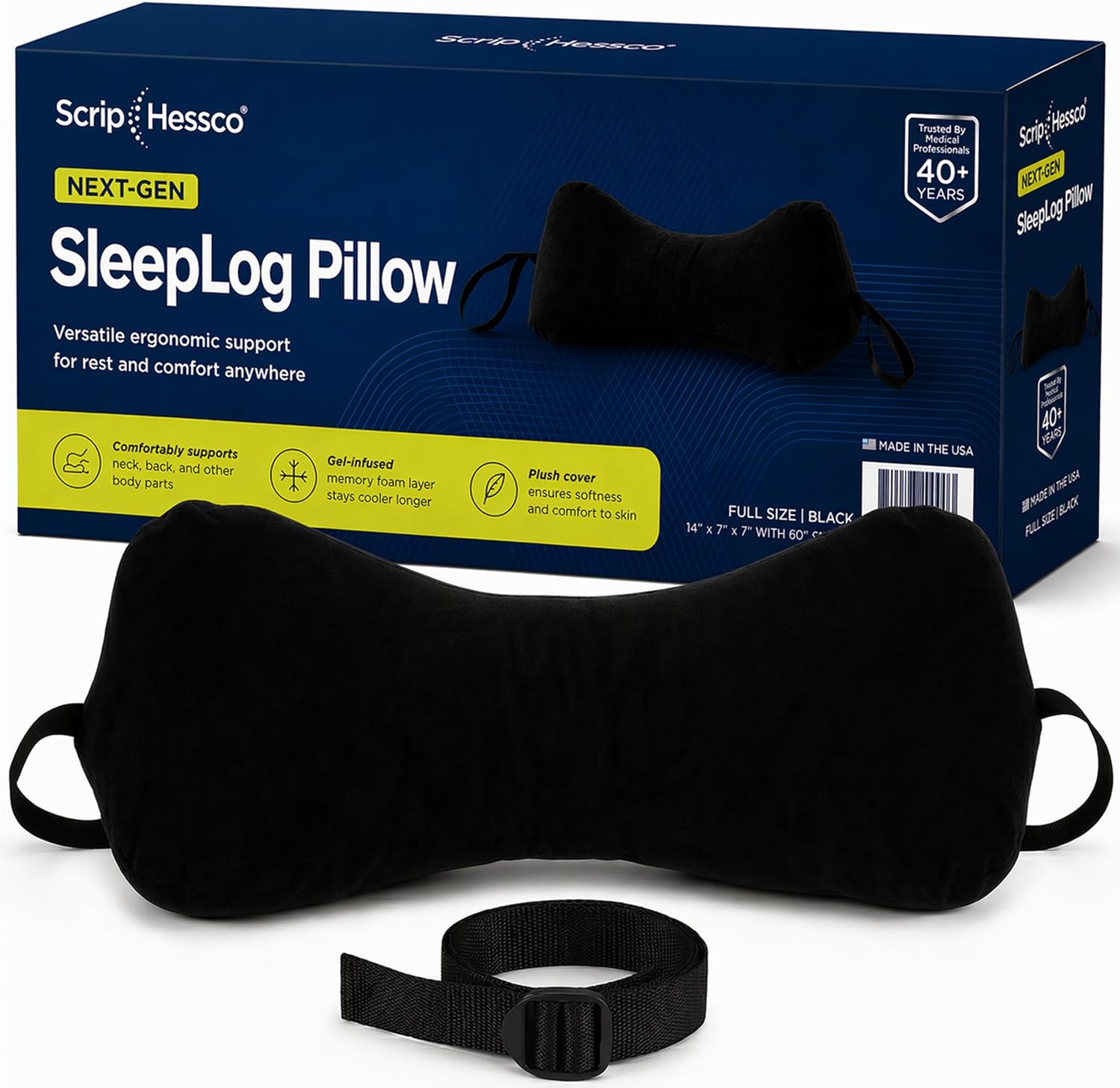 Next-GEN SleepLog Bone Shaped Chiropractic Neck Pillow – Adjustable Fill Cervical & Lumbar Support with 60" Positioning Strap – Latex Free – Full 15"x7" Gray