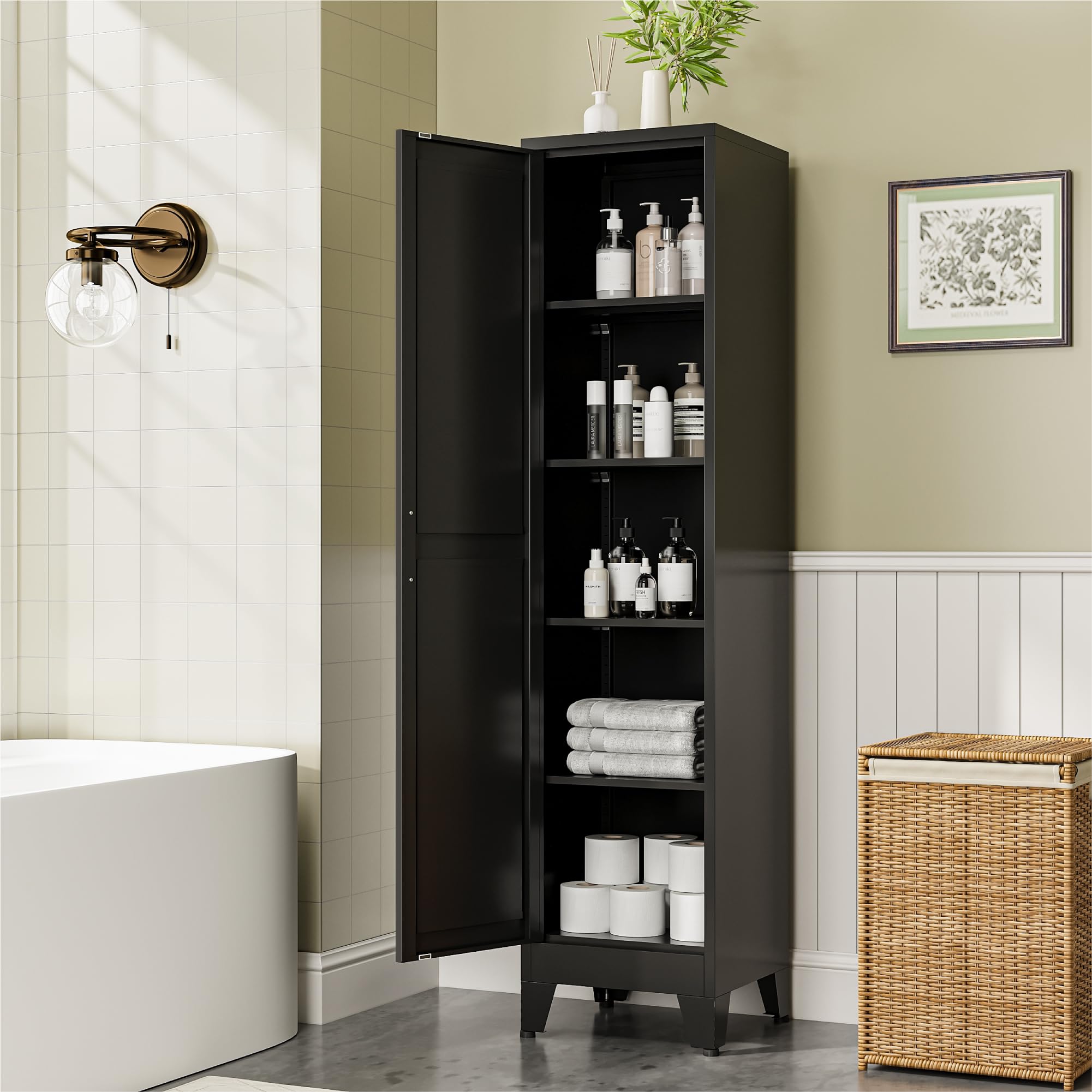 COFaR 67" Metal Pantry Cabinet, Black Storage Cabinet with Magnetic Door &amp; 4 Adjustable Shelves, Slim Freestanding Cupboard for Office, Kitchen, Bathroom