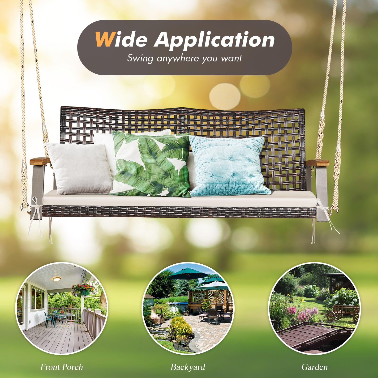 LIFEZEAL 2-Sitzer Rattan Hängeschaukel, Hängebank Gartenschaukel mit Sitzkissen, Doppelschaukel aus PE-Rattan mit Terrassenseile, Hollywoodschaukel mit Rückenlehne & Armlehnen aus Holz (Beige)