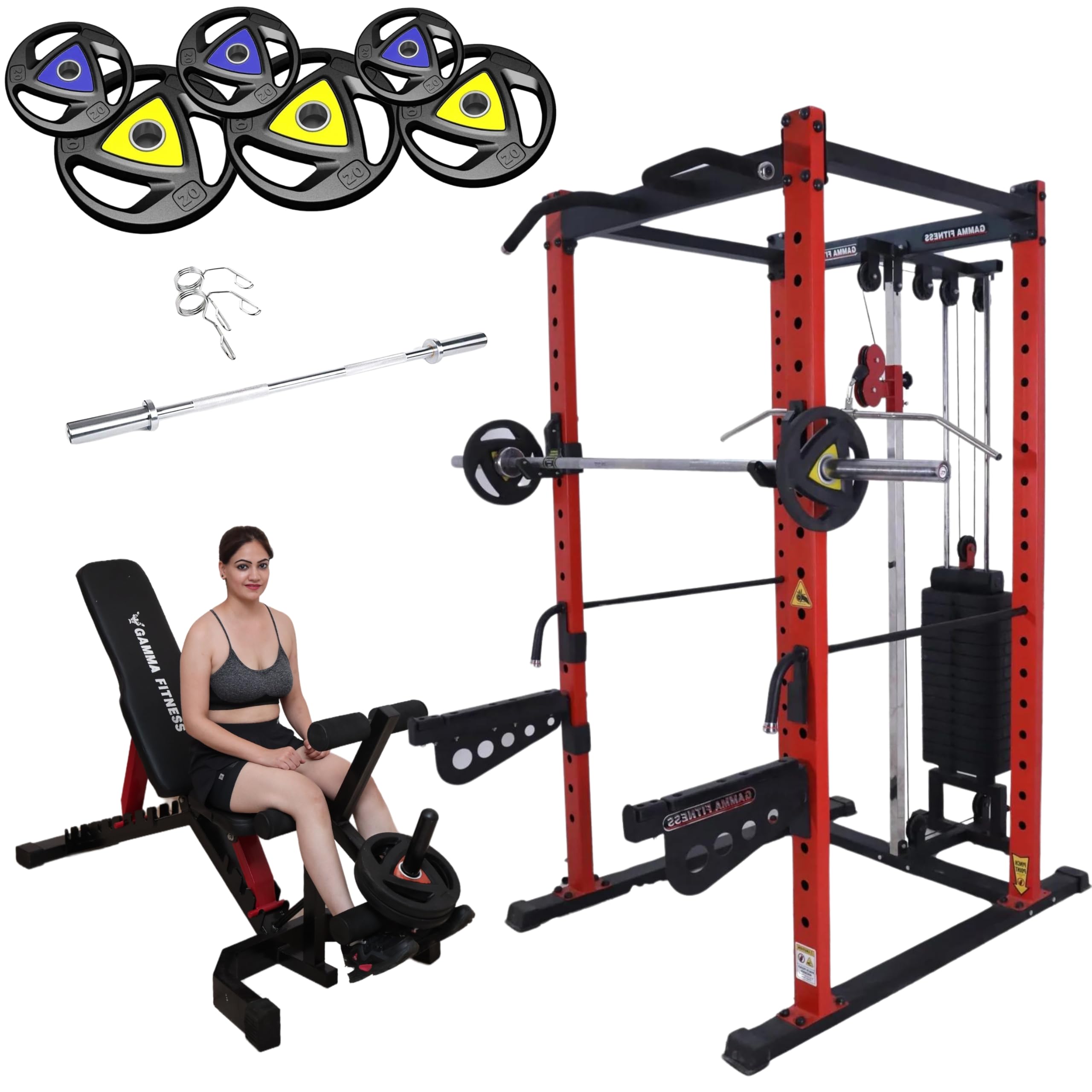 Gamma Fitness Power Squat Rack PR-40 FS Combo with Olympic 7 Feet Barbell, Adjustable Bench MB-400 & Rubber Coated Weight Plates (60 Kg)-image-40