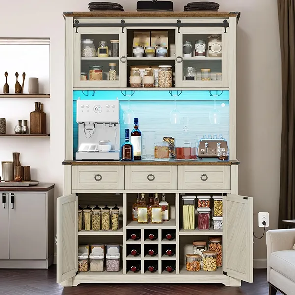 YITAHOME 72" Farmhouse Bar Cabinet with Bottle Rack and Wine Glass Holder, Large Kitchen Buffet with Shelves, Wine Cabinet with 3 Drawers,Coffee Bar Sideboard with LED Lights, Off White+Waln