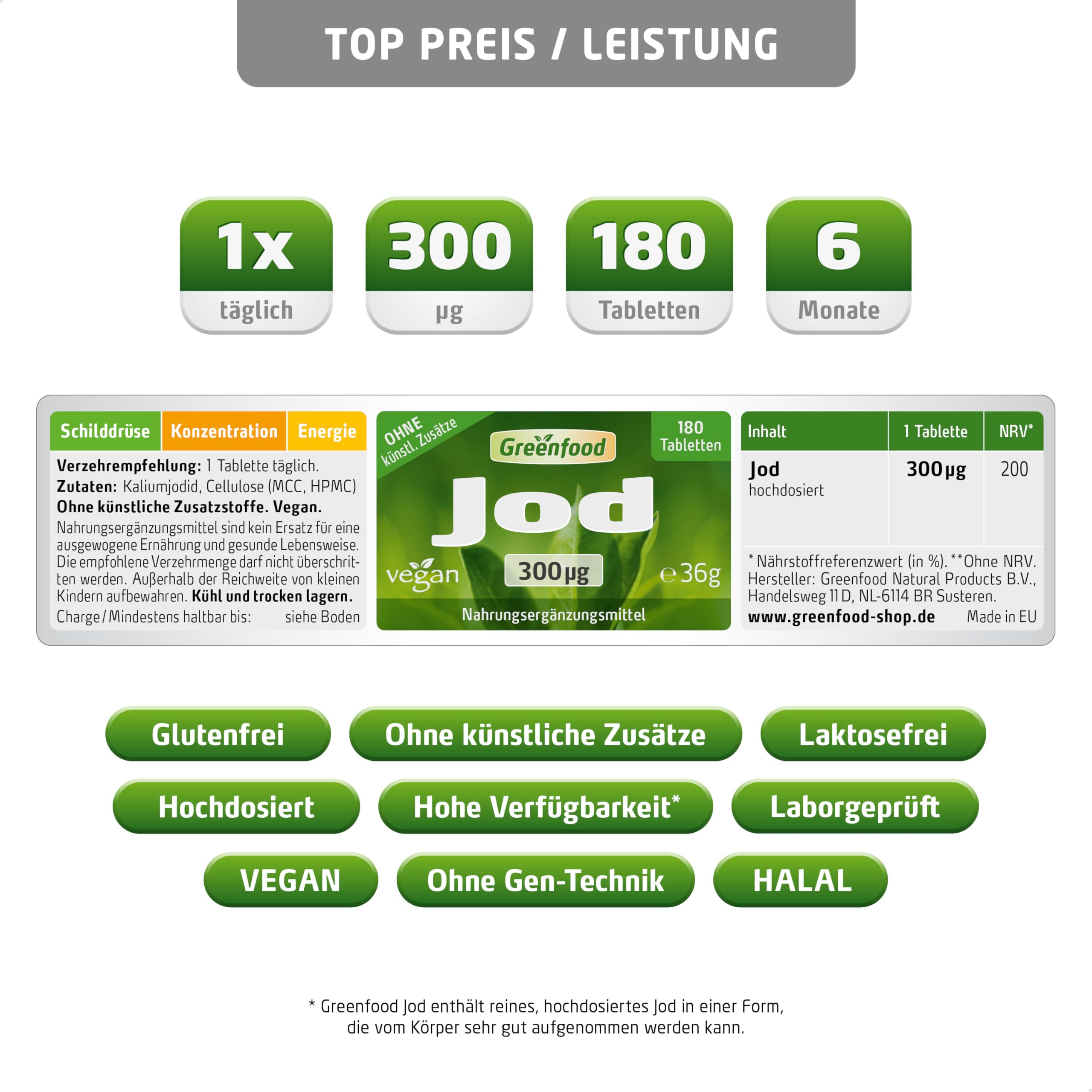 Jod Tabletten, extra hochdosiert, 300µg - 180 Tabletten, vegan. Gegen Jod-Mangel - für Schilddrüse, Hormonhaushalt & Nervensystem. OHNE künstliche Zusätze - laborgeprüft. Von Greenfood.