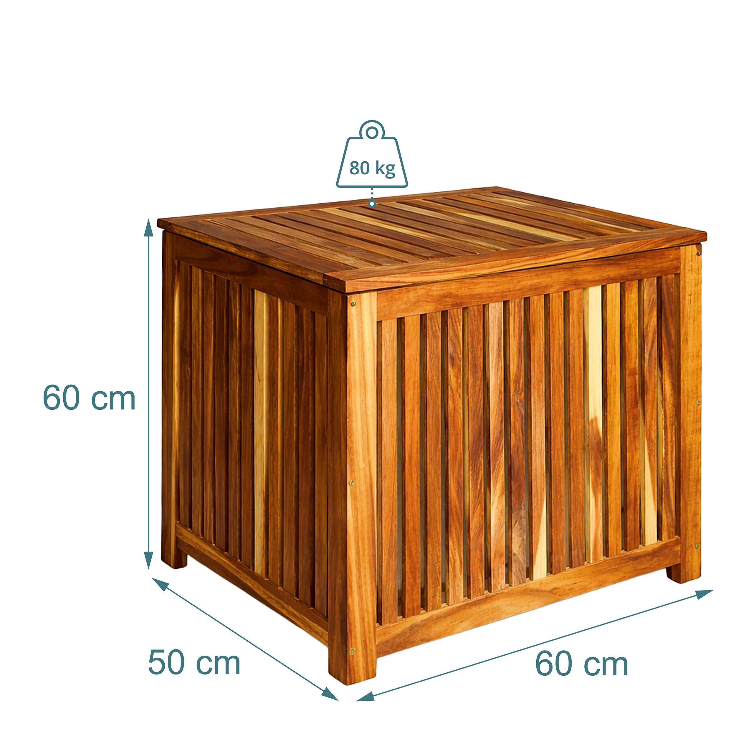 Relaxdays Cassapanca da giardino 60x60x50 cm in legno di acacia, naturale | con fodera impermeabile, cuscini e attrezzi