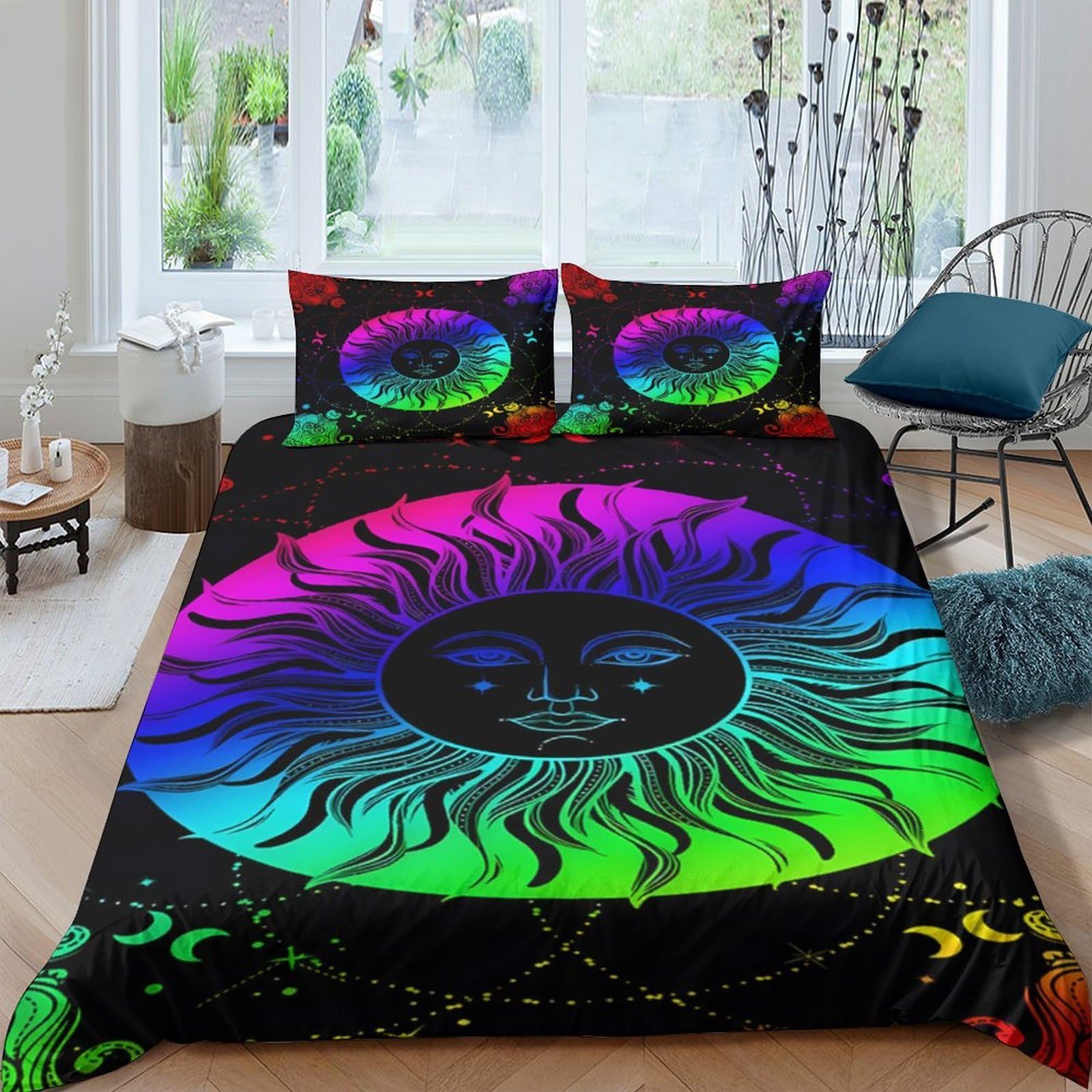 Ctjqhvkz Style-3 3D Printed Rainbow Sun Fitted Sheet Microfiber Soft Breathable Psychedelic Moon Mattress Cover For Bedroom Decor Single（135X200cm）