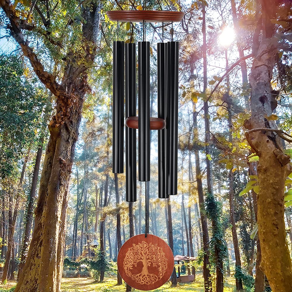 Windspiel, für den Außenbereich, tiefer Ton, 91.4 cm, großes Gedenk-Windspiel für den Verlust eines geliebten Menschen, Gravur, Baum des Lebens, Geschenk für Mutter, Garten, Hängedekoration, Schwarz