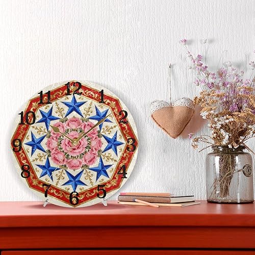 Miniatura 6 de KLL Retro Pink Rose Blue Stars 10 Inch Round Kids Room Wall Clock Non Ticking Decorative for Farmhouse Dining Room Bedroom reloj de pared para cocina