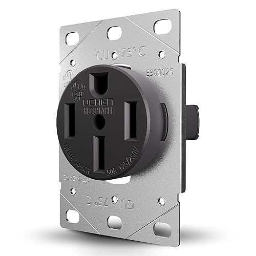 Miniatura 1 de RV 50 amperios, 125250 voltios, NEMA 14-50R, 3P, receptáculo de alimentación de 4 W, hoja recta, grado industrial, conexión a tierra, cable lateral,