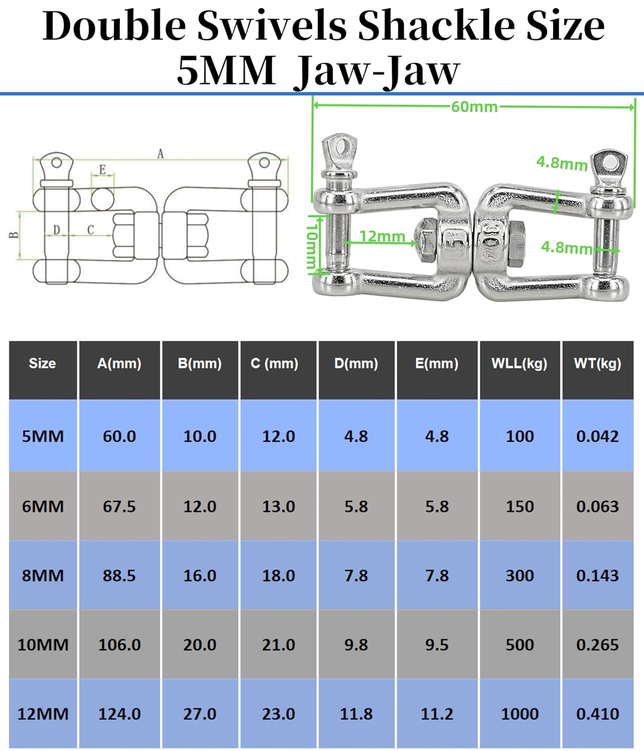4PCS M5 Jaw-Jaw Swivel Anchor Connector Clevis Double Shackle for Boat,304 Stainless Steel - Image 2