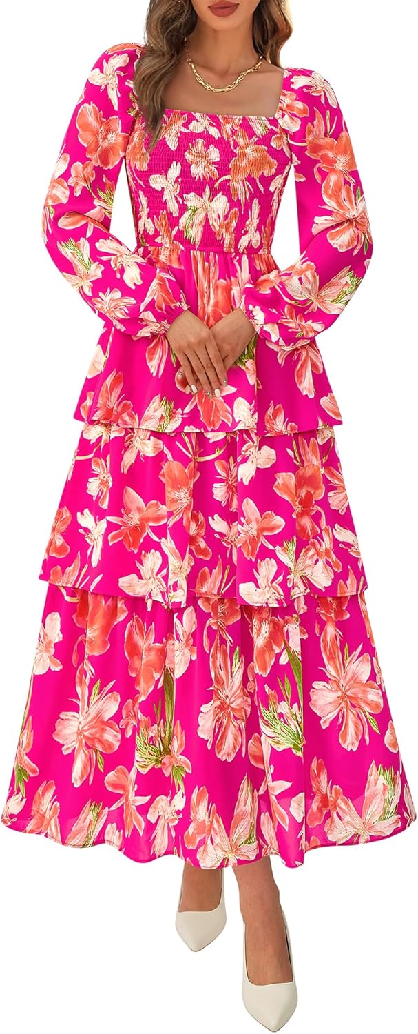 BTFBM Spring Dresses for Women 2026 Floral Long Sleeve Smocked Square Neck Ruffle Tiered Flowy Party Wedding Guest Dress