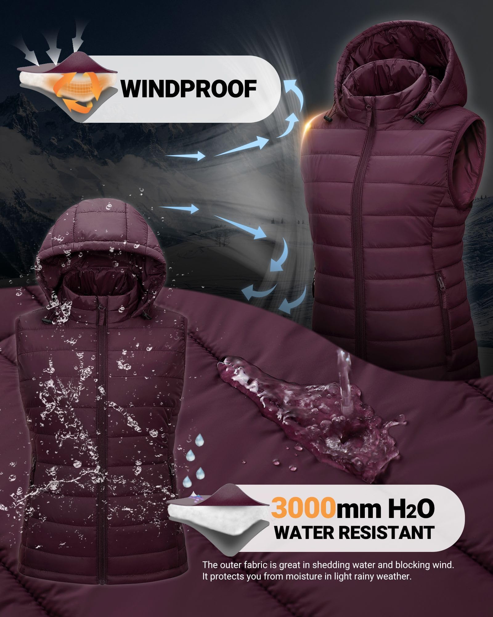 Outdoor Ventures Gilet trapuntato da donna con cappuccio, imbottito, per le mezze stagioni, imbottito, sportivo, da donna, caldo, con colletto alto, per escursioni, campeggio