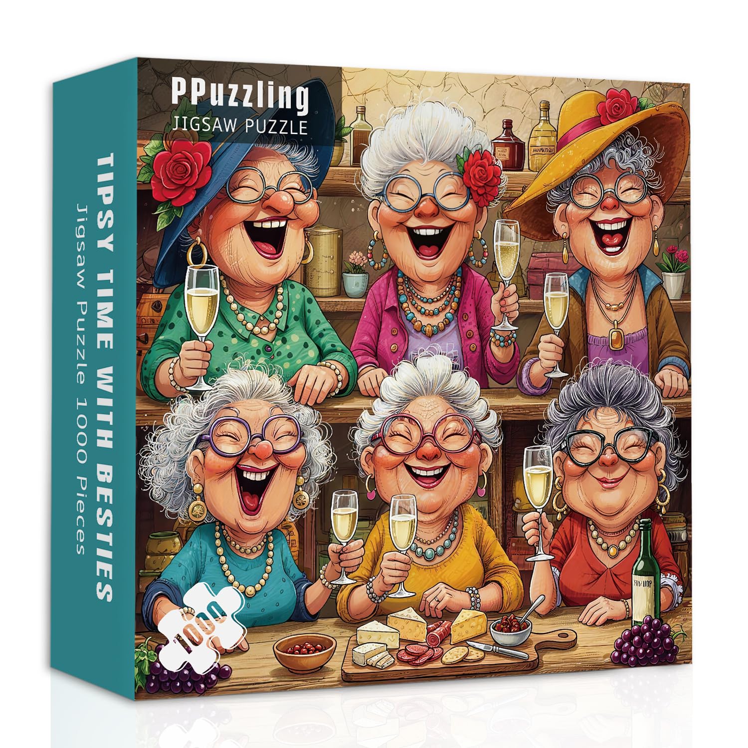 Funny Grandmas Puzzles for Adults 1000 Pieces, Happy Friends Wine Party Jigsaw Puzzles, Challenging Friendship Puzzle
