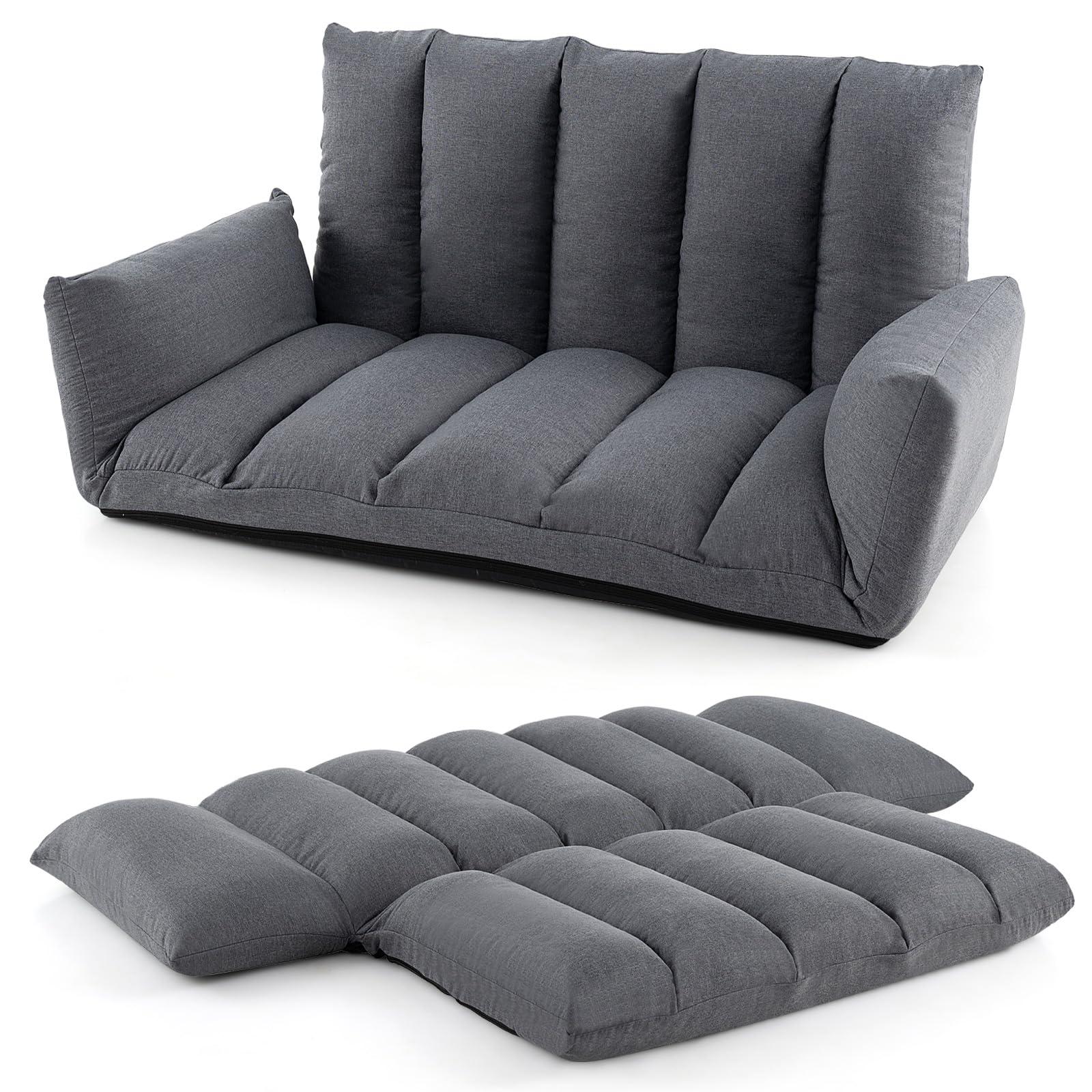 RELAX4LIFE Floor Sofa Bed, Folding Convertible Sofa Chair Seat Lounger with 5-Level Adjustable Backrest & Armrests, Upholstered Gaming Reading Floor Chair Recliner Sleeper Couch for Living Room