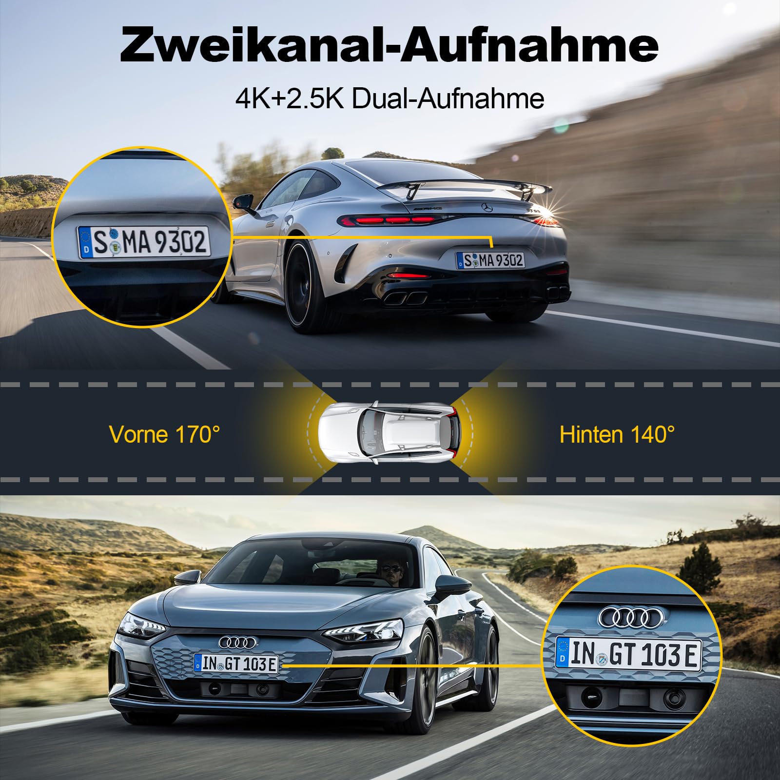 Dashcam 4K 5GHz WiFi GPS 2.0" IPS 170° Weitwinkel Dual Auto Kamera 24Std Parküberwachung Super Nachtsicht WDR G-Sensor Loop-Aufnahme 64GB SD Karte