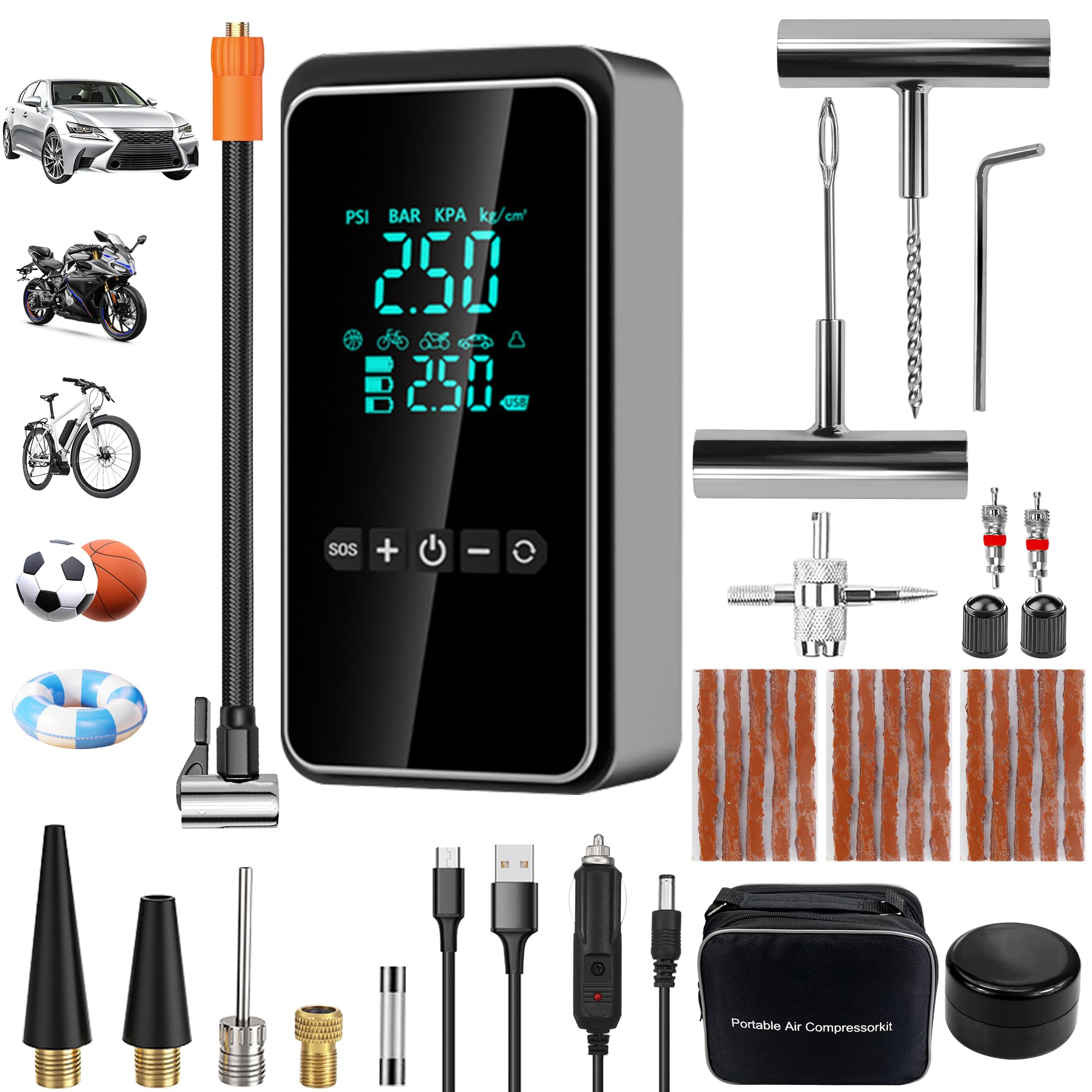 Tyre Inflator, Cordless Portable Air Compressor with 12V DC, Car Tyre Pump with Tire Repair Tools & Adhesive Strips, 6000mAh Digital Tyre Inflator for Car/Motorcycle/Bike/Ball