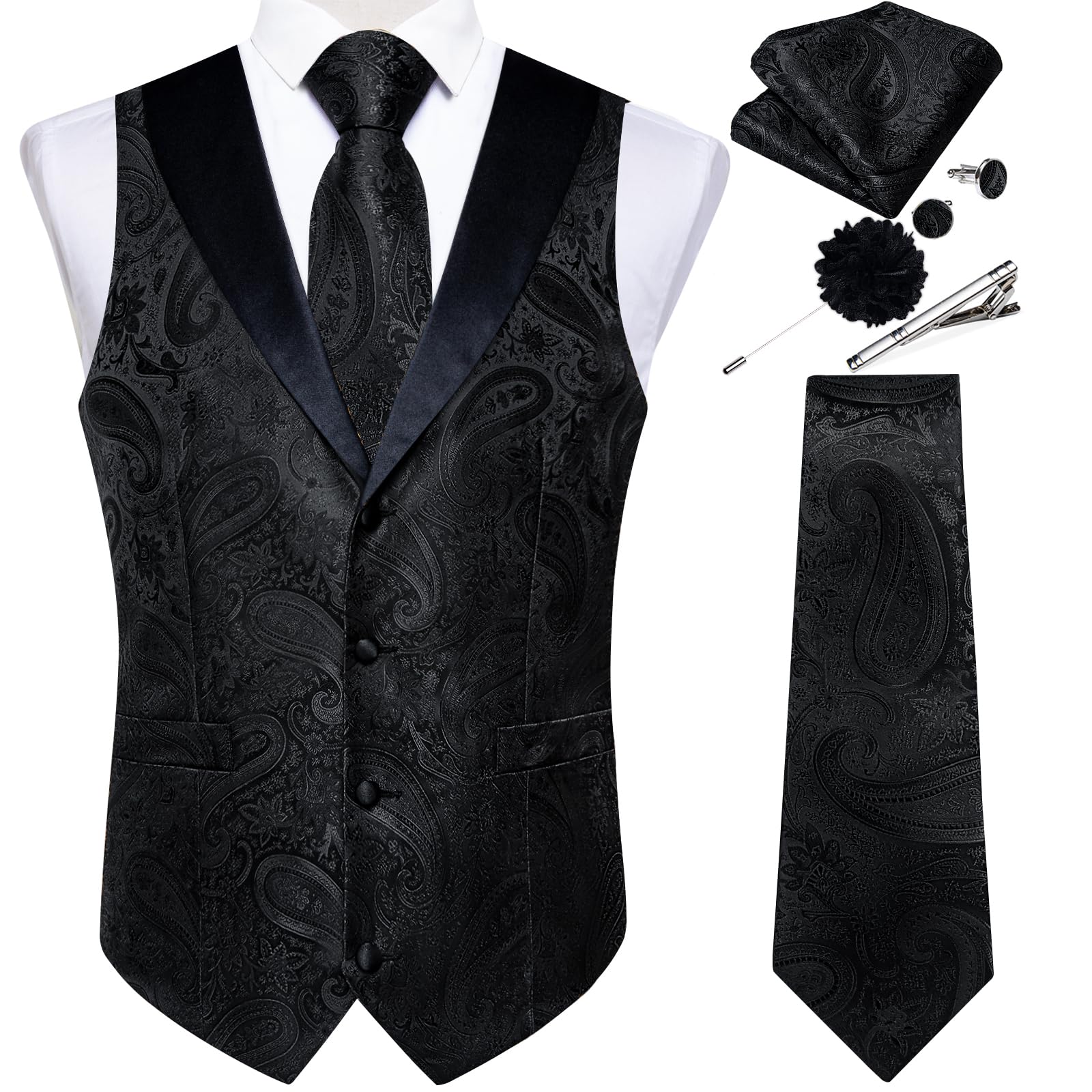 DiBanGu Mens Paisley Suit Vest Silk Jacquard Waistcoat and Necktie Set Formal Shawl Collar Dress Vest 7PCS for Wedding Party