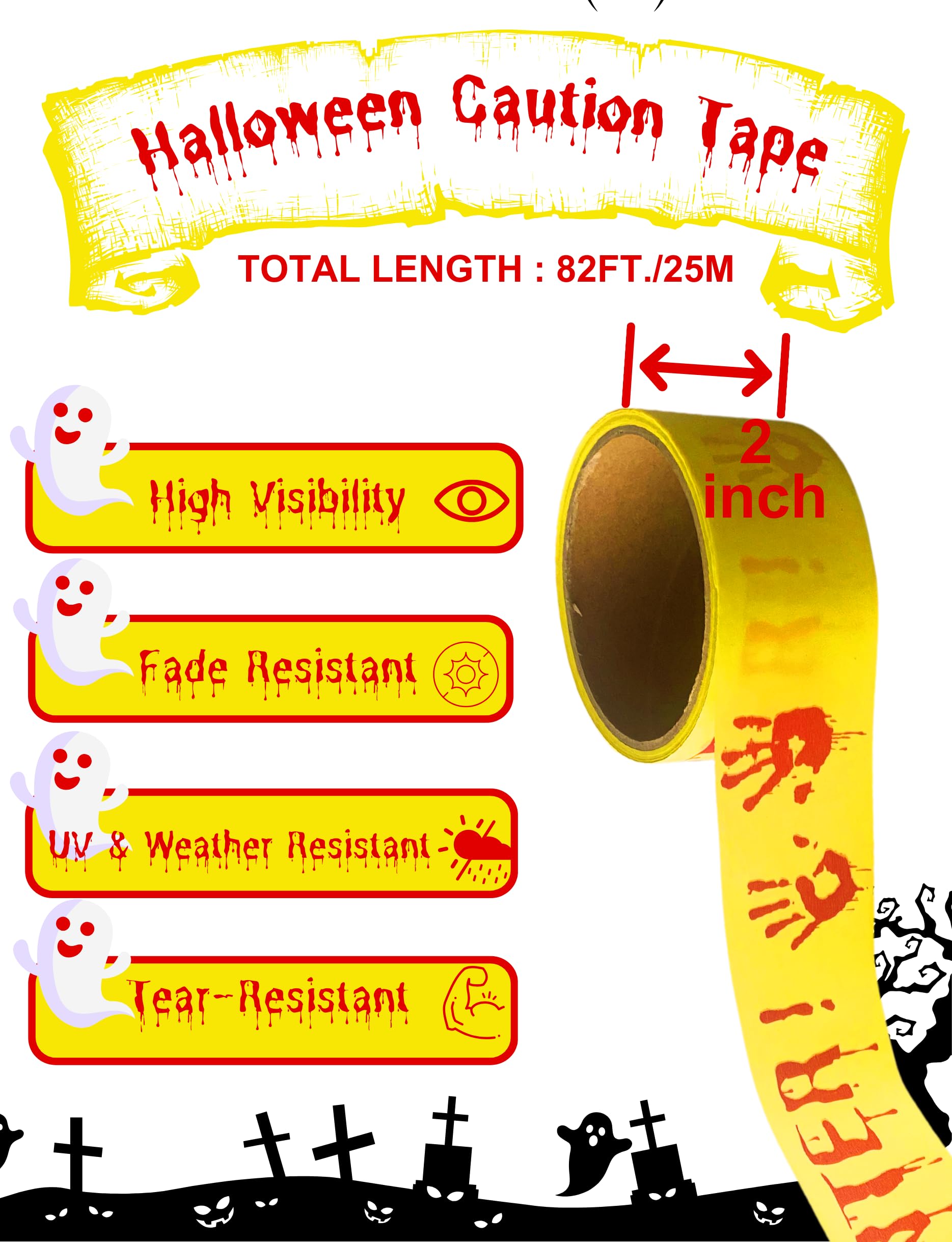Halloween Caution Tape - Do Not Enter Yellow Barricade Tape With Bloody Handprints, 25 Meter Roll