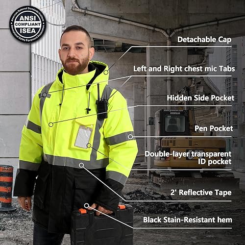 Miniatura 4 de DPSAFETY Chaqueta reflectante, chaquetas de alta visibilidad para hombres y mujeres, parka impermeable de alta visibilidad, chaqueta de seguridad
