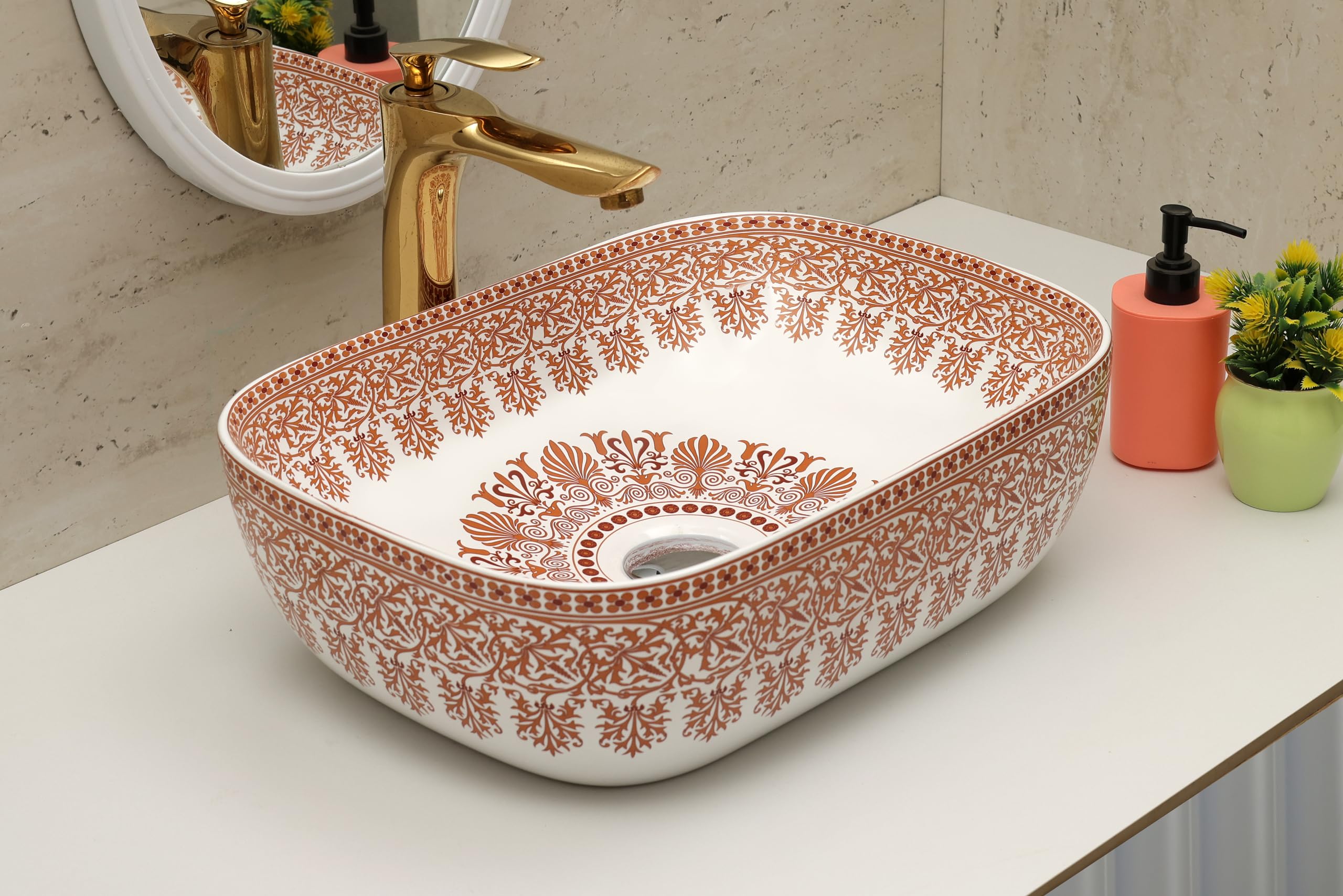 Moroccan Design Ceramic Tabletop Wash Basin | Countertop Vessel Sink | Wash Basin over counter For Bathroom Hotel Home (18x13x5.5 Inch) (TORO 4014) (Moroccan Design 104)-image-38