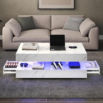 47.2" LED Smart Marble Coffee Table with Wireless Charging and Bluetooth | Bluetooth Speaker, Wireless Charging, Modern High Gloss Marble Print, 2 Storage Drawers, Controlled RGB Lights, White