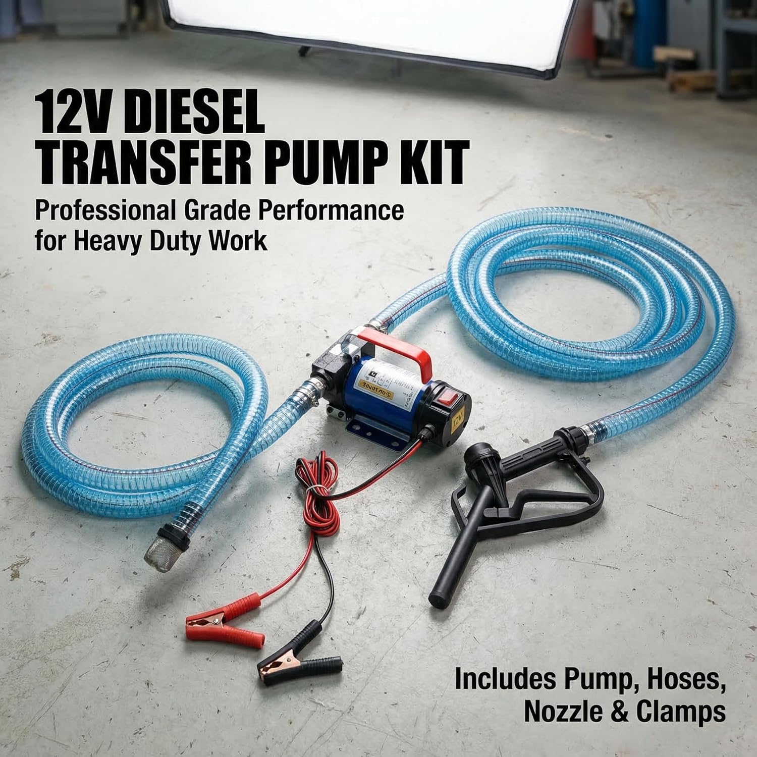 BOBBITT Diesel Transfer Pump AC 12V 175W,Electric Fuel Transfer Pump12GPM Self-Priming Diesel Fuel Pump Kit with Manual Nozzle & 2 Hoses NPT Threads Fitting for All Kinds of Machinery, Tractors,etc